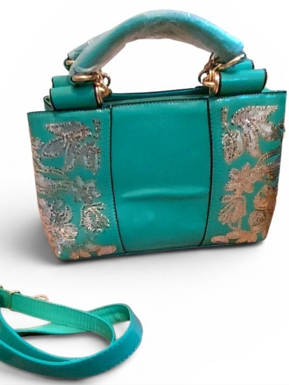 Teal Neptune Green Gold Patent Leather Look Bling Handbag Embroidery Shiny Purse